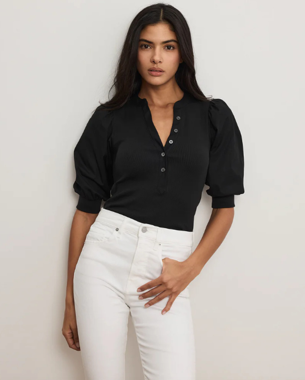 Veronica Beard Coralee Puff Sleeve Top XS Black Ribbed Henley Pima Cotton Preppy
